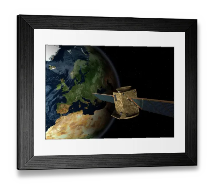 Framed Print : Satellite in front of the globe with Europe, symbolic image Galileo navigation system, overhead intelligence, data transmission Framed Print : Satellite in front of the globe with Europe, symbolic image Galileo navigation system, overhead intelligence, data transmission