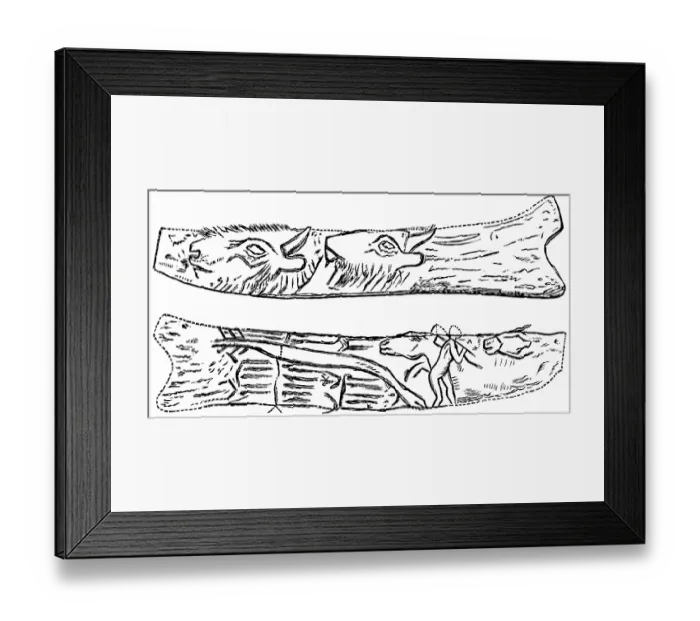 Framed Print : Decorated reindeer antlers, possible location the archaeological excavations of Abri de la Madeleine, Dordogne, animal representations, Early Stone Age, man, palaeontology, history of mankind, France, historical illustration1880, Europe