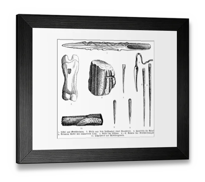 Framed Print : Early historical tools made of reindeer horn, archaeological finds, spoons (1), various needles with eyelets, carved ornaments (10), history of mankind, historical illustration1880