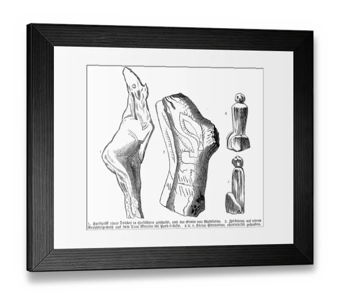 Framed Print : Handle of a dagger from the Grotte de la Madeleine and decorations of reindeer antlers and small statuettes, cave near Pont a Lesse, craft, art, drawing, carving, archaeology, history of prehistoric mankind, France, historical illustration 1880 Framed Print : Handle of a dagger from the Grotte de la Madeleine and decorations of reindeer antlers and small statuettes, cave near Pont a Lesse, craft, art, drawing, carving, archaeology, history of prehistoric mankind, France, historical illustration 1880