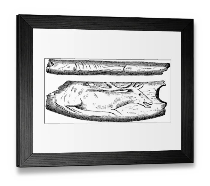 Framed Print : Decorated reindeer bones, carving of fish and deer, handicraft, art, archaeology, history of prehistoric mankind, historical illustration 1880