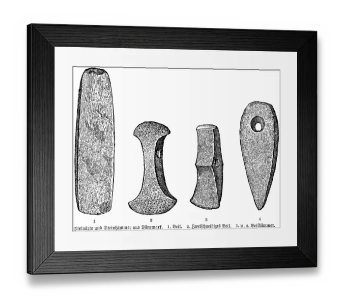 Framed Print : Stone tools of the natives of Denmark, stone axe, stone hammer, axe, archaeology, Stone Age, history of prehistoric mankind, Denmark, historical illustration 1880, Europe Framed Print : Stone tools of the natives of Denmark, stone axe, stone hammer, axe, archaeology, Stone Age, history of prehistoric mankind, Denmark, historical illustration 1880, Europe