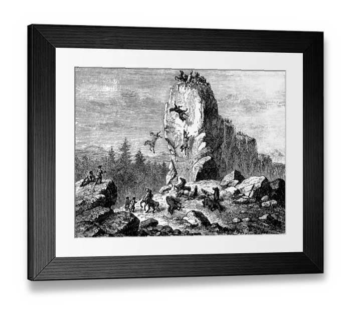 Framed Print : Horse chase on the rocks of Solutre-Pouilly, horses fall down, are killed to serve as food, kill, injure, fall, food meat, high cliff edge, people, mountain landscape, history of prehistoric mankind, France, historical illustration 1880, Europe