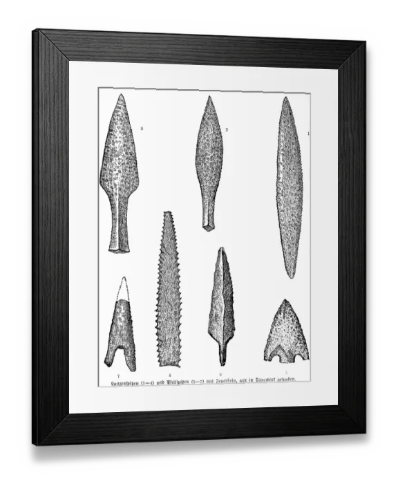 Framed Print : Flint weapons, spearheads (1-4) and arrowheads (5-7), archaeology, Stone Age, history of prehistoric mankind, Denmark, historical illustration 1880, Europe