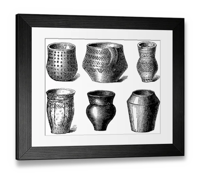 Framed Print : Clay vessels used as grave goods in the English barrows, clay pots in various shapes with ornaments, history of prehistoric mankind, Emgland, historical illustration 1880 Framed Print : Clay vessels used as grave goods in the English barrows, clay pots in various shapes with ornaments, history of prehistoric mankind, Emgland, historical illustration 1880