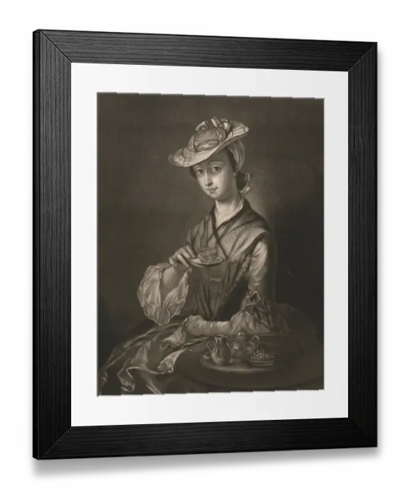 Framed Print : Gentlewoman with tea cup, 1820, England, Historical, digitally restored reproduction of an original from the period