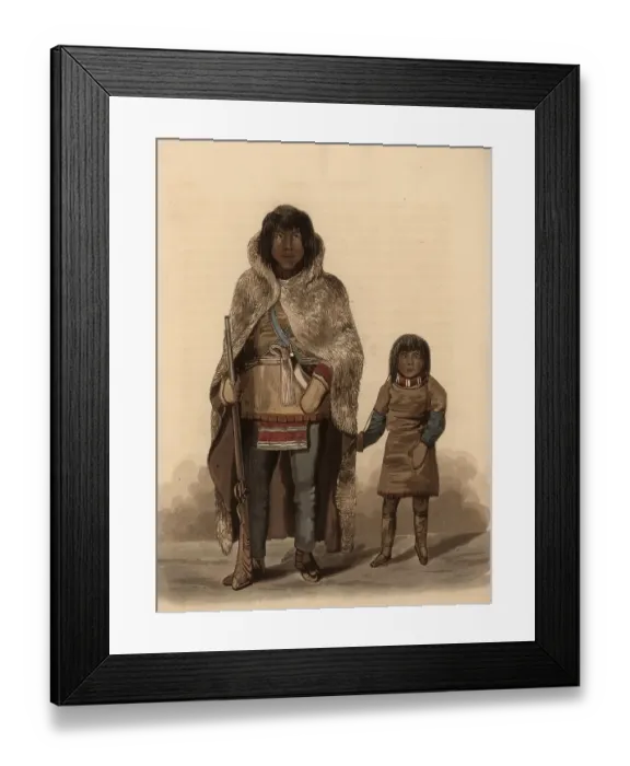 Framed Print : Portrait of Akaitcho, a Copper Indian, and Chief of the Yellowknives, and his son, Native American and boy, dressed in skin and fur clothing