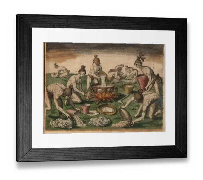 Framed Print : Men pour grain into a pot on the fire while woman sort food on the floor. Plates lie to be washed next to a hole where water has been placed. A man grinds herbs on a stone in the background Framed Print : Men pour grain into a pot on the fire while woman sort food on the floor. Plates lie to be washed next to a hole where water has been placed. A man grinds herbs on a stone in the background
