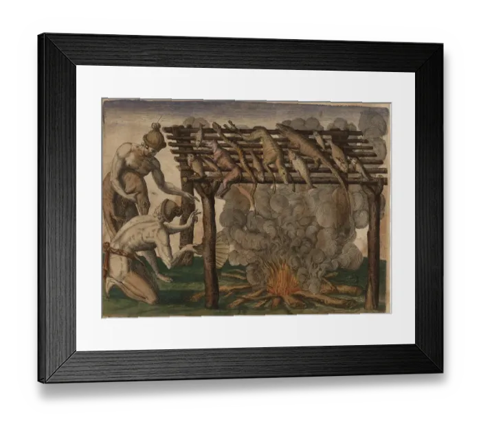 Framed Print : Native Americans drying fish and game such as alligators, snakes and small deer on a grill over a fire, Historic, digitally restored reproduction of an original from the period