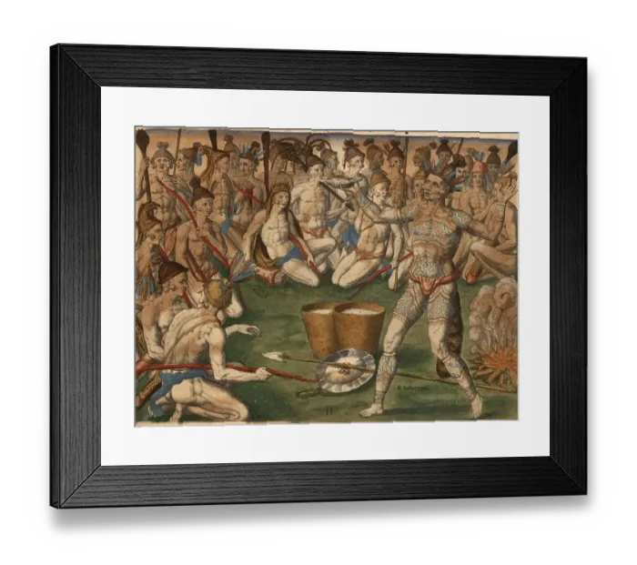 Framed Print : A tattooed Native American chief splashes water on his followers in preparation for war
