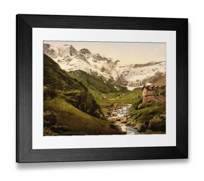 Framed Print : Cirque de Gavarnie is a rocky cirque in the Pyrenees National Park, Gavarnie, Departement Hautes-Pyrenees in the Occitanie region, France, Historical, digitally restored reproduction from a 19th century original, coloured, Europe