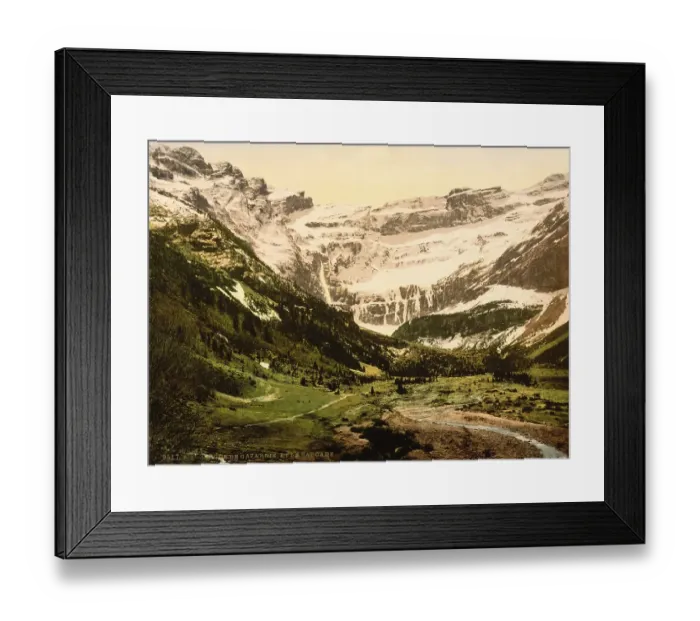 Framed Print : Cirque de Gavarnie is a rocky cirque in the Pyrenees National Park, Gavarnie, Departement Hautes-Pyrenees in the Occitanie region, France, Historical, digitally restored reproduction from a 19th century original, coloured, Europe