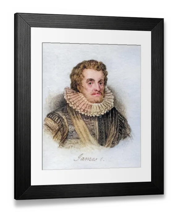 Framed Print : James I 1566-1625 First Stuart King of England from 1603 to 1625 and King of Scotland as James VI from 1567 to 1625 from the book Crabbs Historical Dictionary from 1825, Historical, digitally restored reproduction from a 19th century original