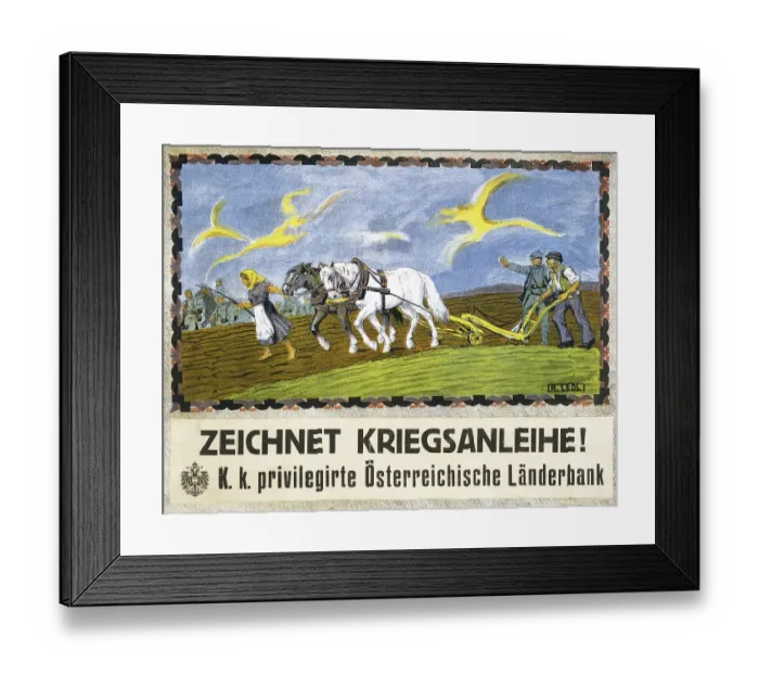 Framed Print : First World War 1914-1918: Farmer and his woman ploughing with two horses. A soldier talks to the farmer and points to soldiers in the distance. Text: Sign the war bond, Austrian poster 1918. Agriculture