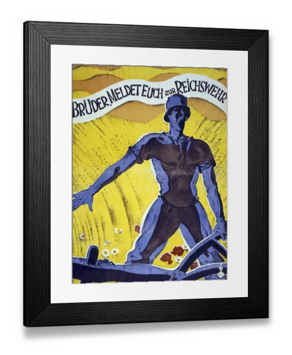 Framed Print : Brothers, enlist in the Reichswehr. German poster 1920, man with a soldier's helmet holding a plough. Behind him is a field with wheat and flowers. The Reichswehr (National Defence) existed from 1919 to 1935, when it became the Wehrmacht Framed Print : Brothers, enlist in the Reichswehr. German poster 1920, man with a soldier's helmet holding a plough. Behind him is a field with wheat and flowers. The Reichswehr (National Defence) existed from 1919 to 1935, when it became the Wehrmacht