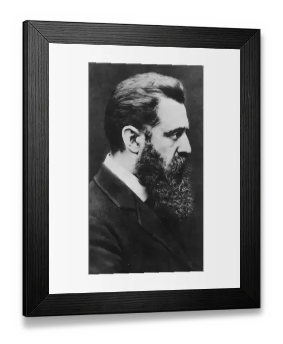 Framed Print : Theodor (Binyamin Zeaev) Herzl (1860-1904) was born in Budapest, Hungary, and was the founder of the Zionist political movement. Portrait photo in profile, Europe Framed Print : Theodor (Binyamin Zeaev) Herzl (1860-1904) was born in Budapest, Hungary, and was the founder of the Zionist political movement. Portrait photo in profile, Europe