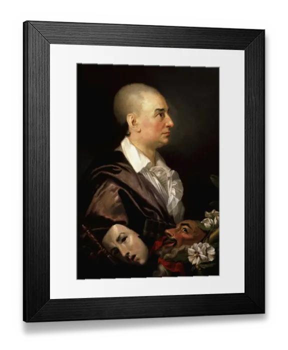 Framed Print : David Garrick (1717-1779), English actor, theatre director and playwright. Profile portrait of Garrick without headgear, with comic and tragic masks. Johann Zoffany or Zauffelij (1733-1810), German painter, mainly active in England Framed Print : David Garrick (1717-1779), English actor, theatre director and playwright. Profile portrait of Garrick without headgear, with comic and tragic masks. Johann Zoffany or Zauffelij (1733-1810), German painter, mainly active in England