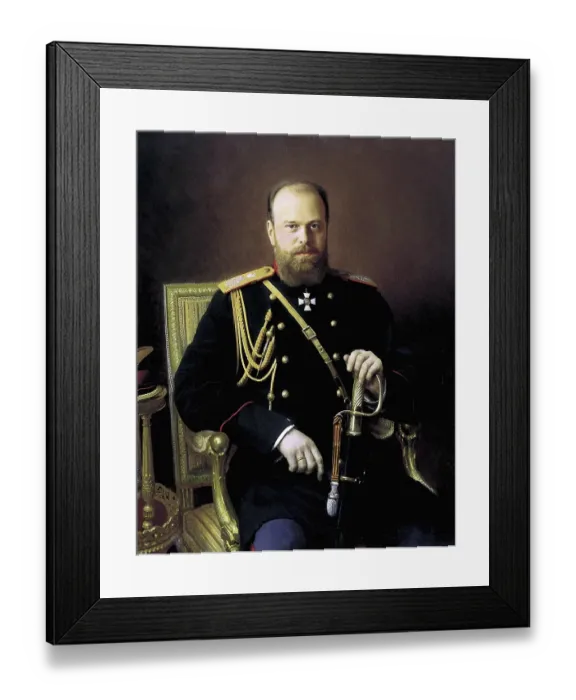 Framed Print : Alexander III (1845-1894), Tsar of Russia from 1881, portrait around 1886 by Ivan Kramskoi (1837-1887), Russian painter. Three-quarter portrait of Alexander in military uniform, hand on sword, seated and looking forwards Framed Print : Alexander III (1845-1894), Tsar of Russia from 1881, portrait around 1886 by Ivan Kramskoi (1837-1887), Russian painter. Three-quarter portrait of Alexander in military uniform, hand on sword, seated and looking forwards