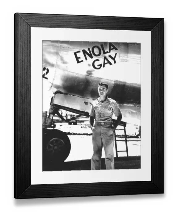 Framed Print : World War II: Paul Tibbets stands in front of the B-29 Enola Gay, the plane he piloted to Hiroshima and from which he dropped the world's first atomic bomb on 5 August 1945. Air war, nuclear war Framed Print : World War II: Paul Tibbets stands in front of the B-29 Enola Gay, the plane he piloted to Hiroshima and from which he dropped the world's first atomic bomb on 5 August 1945. Air war, nuclear war