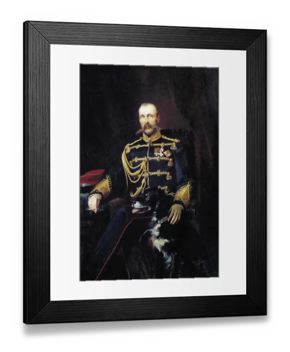 Framed Print : Alexander II (1818-1881), Tsar of Russia from 1855. 1881 portrait by Konstantin Makovsky (1839-1915), Russian artist. Alexander seated in military uniform, smoking a cigarette, hand on dog. Assassinated in St Petersburg Framed Print : Alexander II (1818-1881), Tsar of Russia from 1855. 1881 portrait by Konstantin Makovsky (1839-1915), Russian artist. Alexander seated in military uniform, smoking a cigarette, hand on dog. Assassinated in St Petersburg