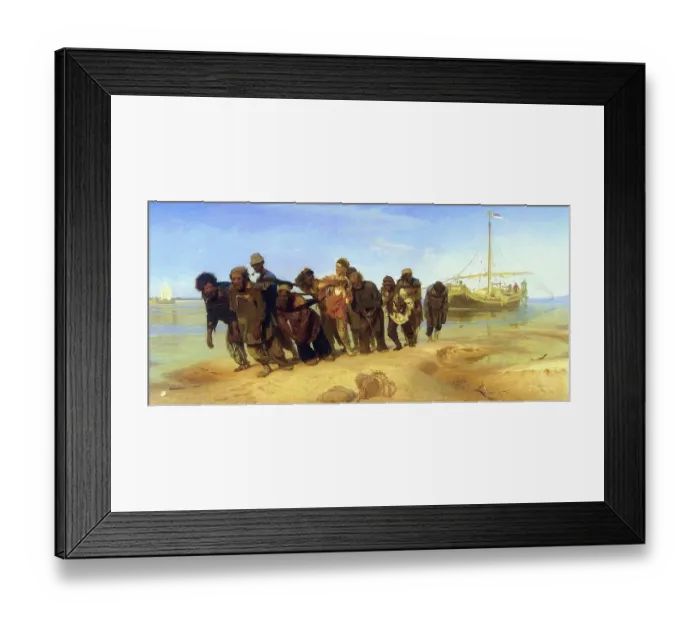 Framed Print : Barge tug on the Volga, 1873, oil on canvas. Ilya Repin (1844-1930), Russian artist. Peasants in rags are used as beasts of burden, the oars cutting into their flesh as they pull a barge through the water Framed Print : Barge tug on the Volga, 1873, oil on canvas. Ilya Repin (1844-1930), Russian artist. Peasants in rags are used as beasts of burden, the oars cutting into their flesh as they pull a barge through the water