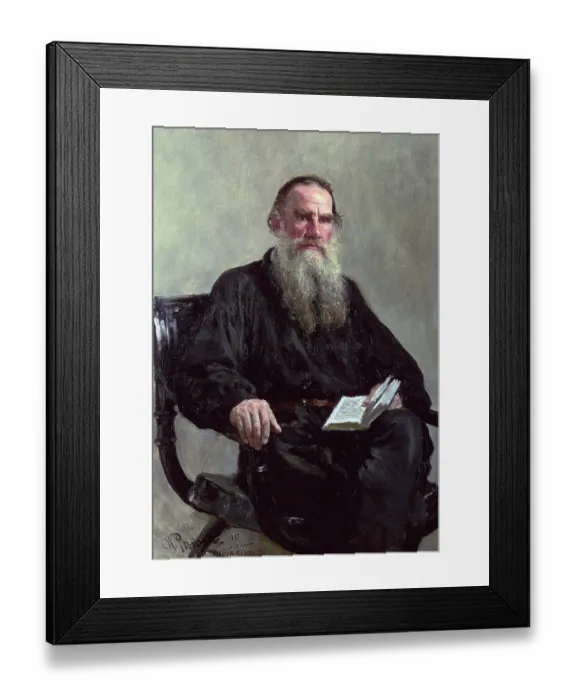 Framed Print : Leo Tolstoy, 1887, oil on canvas. Ilya Repin (1844-1930), Russian painter. Tolstoy (1828-1910), Russian writer, philosopher and mystic, sitting in an armchair, book in hand. His works include War and Peace and Anna Karenina. Beard