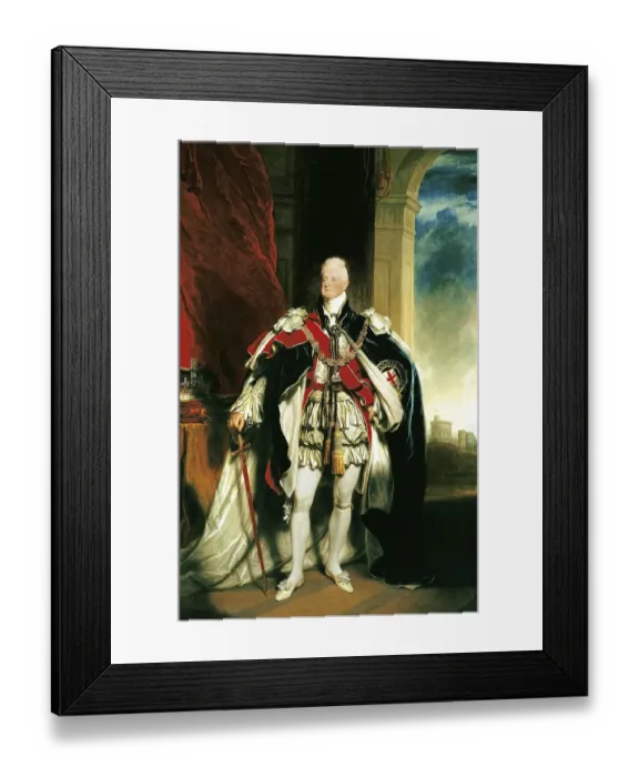 Framed Print : William IV (1765-1837), 1833, King of the United Kingdom (1830-1837). Portrait of William in the Order of the Garter by Sir Martin Archer Shee (1769-1850). Crown on the table, Windsor Castle through the arch on the right