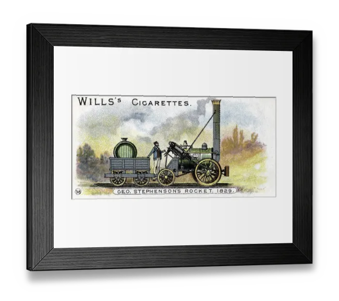 Framed Print : Stephenson's Rocket locomotive, which won a competition for locomotives for the Liverpool & Manchester Railway in Rainhill Bridge, Manchester, on 14 October 1829. Chromolithograph 1900