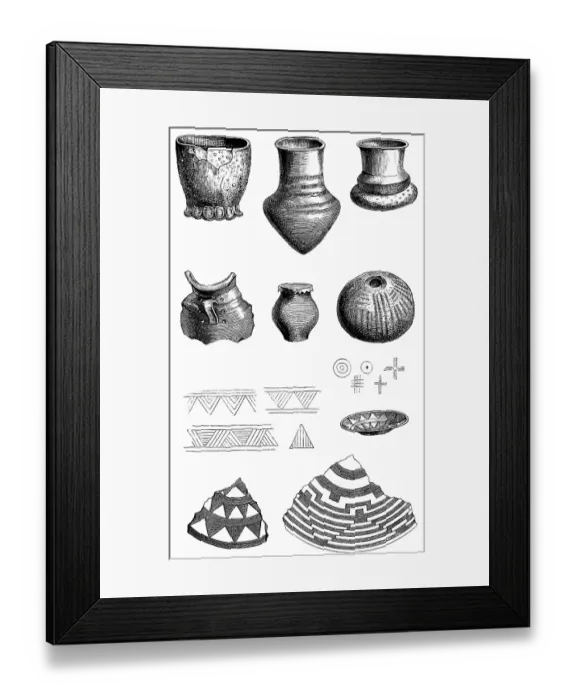 Framed Print : Clay vessels with various ornaments from prehistoric Swiss pile dwellings, History of Mankind, Switzerland, historical illustration 1880, Europe