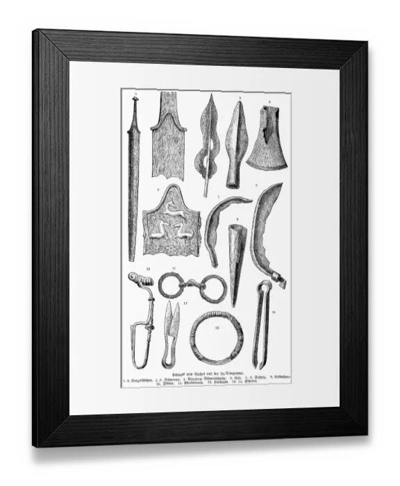 Framed Print : Iron Age jewellery and weapons from the La Tene site, Epagnier, Lake Neuchatel, spearhead, sword, sickle, auger, horse harness, neck ring, scissors, history of mankind, Switzerland, historical illustration 1880, Europe