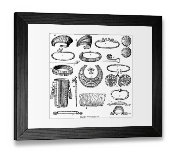 Framed Print : Antique bronze jewellery with rich ornamentation, tiaras (a, b), head and neck rings (c, d, e), wrist clasps (f, g), arm jewellery (h, i, p, q), pins (k, l, m), breast plate (t), brooches similar to safety pins (u, w, x), bronze ore, art, craft Framed Print : Antique bronze jewellery with rich ornamentation, tiaras (a, b), head and neck rings (c, d, e), wrist clasps (f, g), arm jewellery (h, i, p, q), pins (k, l, m), breast plate (t), brooches similar to safety pins (u, w, x), bronze ore, art, craft
