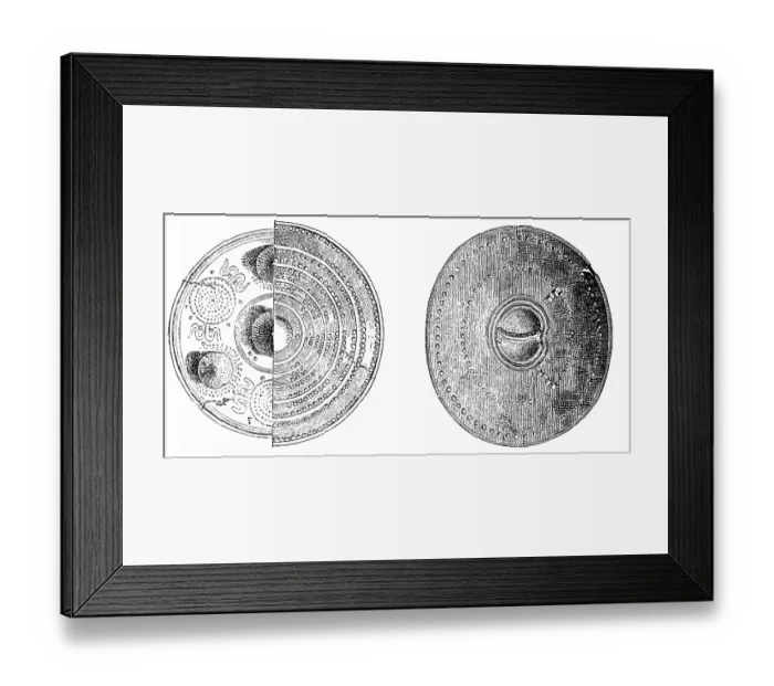 Framed Print : Bronze shields, bronze ore, rich ornamentation, craft, weapon, defence, war, fight, defence, history of mankind, historical illustration 1880