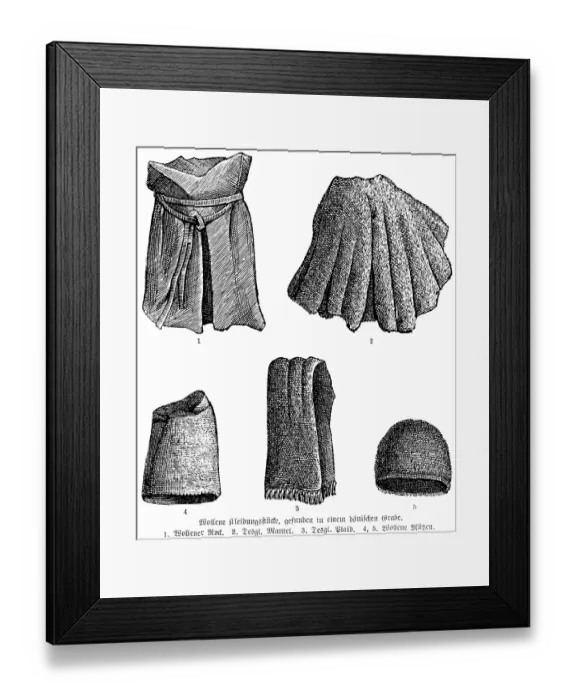 Framed Print : Finds from Bronze Age graves, probably from Borum Eshoj near Aarhus, Jutland, woven woollen clothing, skirt, coat, plaid, cap, history of mankind, historical illustration 1880 Framed Print : Finds from Bronze Age graves, probably from Borum Eshoj near Aarhus, Jutland, woven woollen clothing, skirt, coat, plaid, cap, history of mankind, historical illustration 1880