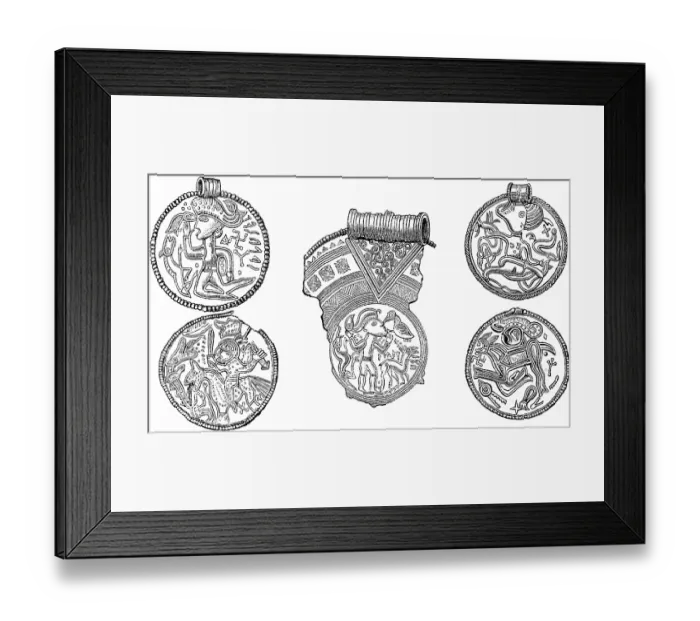 Framed Print : Bracteates, old coins or medals that were exchanged as valuables, made of wood or metal, Germanic bracteates since the migration of peoples in the 5th and 6th centuries BC, rich ornamentation with runic writing, human and animal motifs