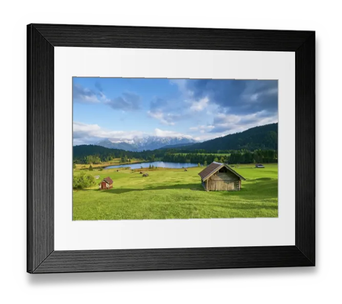 Framed Print : Hut in front of Karwendelgebierge near Mittenwald, Geroldsee, Bavaria, Germany, Europe