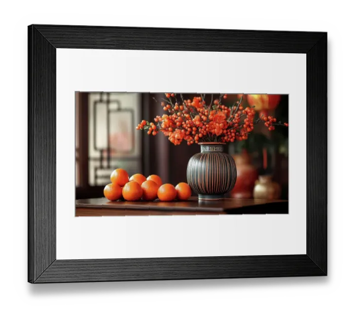 Framed Print : Still life with a decorative vase and tangerines arranged on a wooden table inside a warmly lit space, AI generated Framed Print : Still life with a decorative vase and tangerines arranged on a wooden table inside a warmly lit space, AI generated