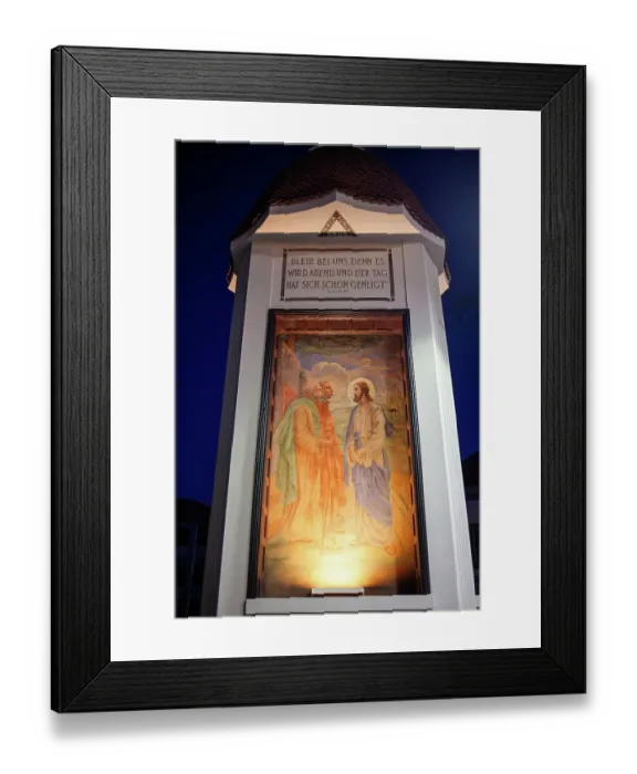 Framed Print : Fresco, Jesus appears to the disciples, wayside shrine with biblical quotation, night shot, Trofaiach, Styria, Austria, Europe