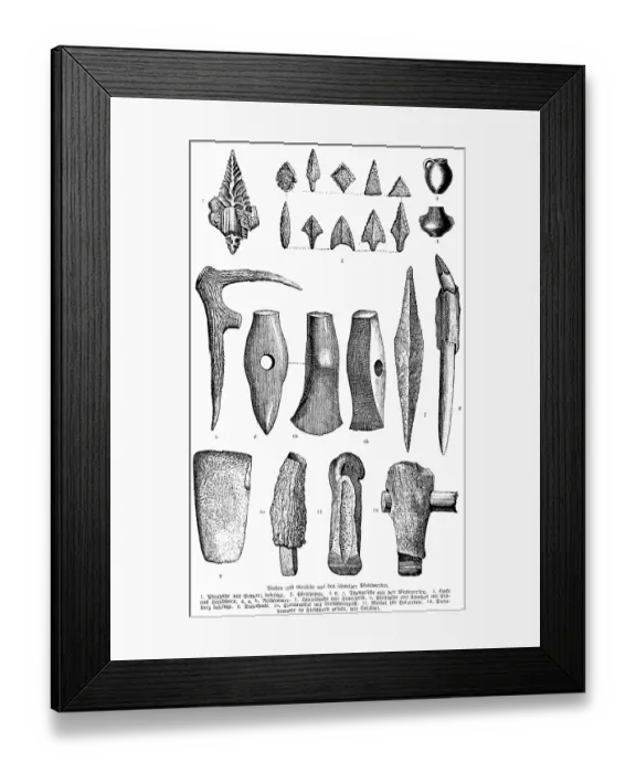 Framed Print : Weapons and tools from prehistoric pile dwellings, arrows and arrowheads, clay pots, hammers, hoes, chisels, history of mankind, Switzerland, historical illustration 1880, Europe