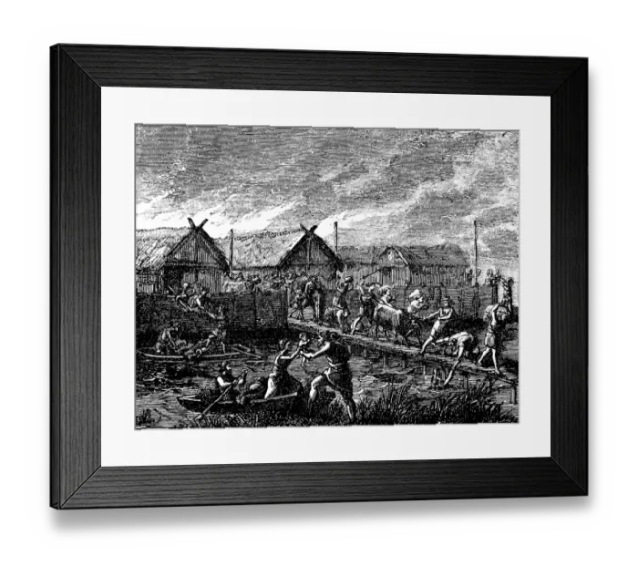 Framed Print : Escape from the burning prehistoric pile dwellings, pile village with wooden houses and thatched roof, inhabitants flee from the fire over wooden footbridge to the mainland, belongings on their backs, cattle, wooden boats, people