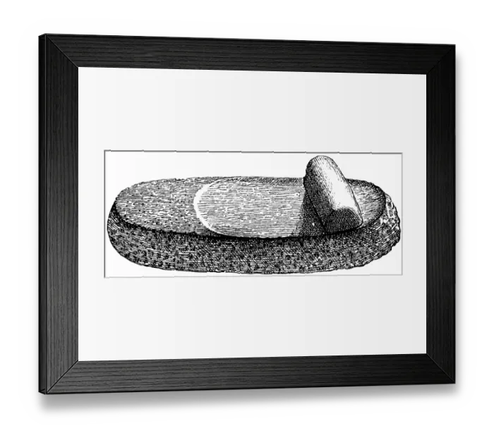 Framed Print : Hand mill for grain at the time of the prehistoric pile dwellings, material stone roll and stone board, history of mankind, historical illustration 1880 Framed Print : Hand mill for grain at the time of the prehistoric pile dwellings, material stone roll and stone board, history of mankind, historical illustration 1880