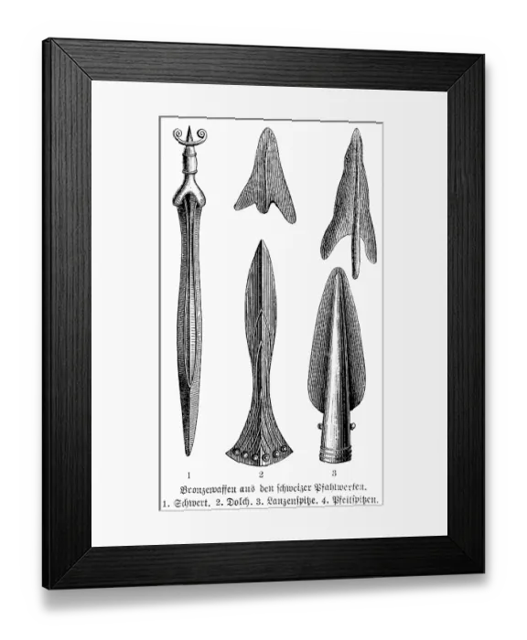 Framed Print : Bronze weapons from prehistoric Swiss pile dwellings, sword, dagger, spearhead, arrowhead, history of mankind, Switzerland, historical illustration 1880, Europe