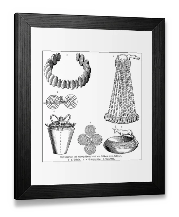 Framed Print : Vessels and jewellery from graves of the Hallstatt cemetery, hanging brooch (1), brooches or buckles (2 and 3), bronze vessels with ornamentation (4 and 5), bracelet (6), bronze ore, archaeology of the Early Stone Age or Hallstatt culture