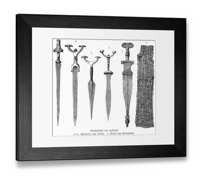 Framed Print : Finds with ornamentation from graves of the Hallstatt cemetery, swords and daggers (1-5), bronze belt (6), bronze ore, archaeology of the Early Stone Age or Hallstatt culture, Salzkammergut, history of mankind, Austria, historical illustration 1880 Framed Print : Finds with ornamentation from graves of the Hallstatt cemetery, swords and daggers (1-5), bronze belt (6), bronze ore, archaeology of the Early Stone Age or Hallstatt culture, Salzkammergut, history of mankind, Austria, historical illustration 1880