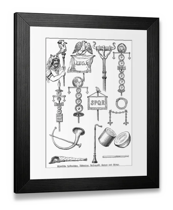 Framed Print : Roman signa or field insignia, military insignia of a war party, flag, musical instrument, horn, drum, chains, rings, SPQR, Legion X, aquila or legionary eagle, Roman Empire, history of mankind, historical illustration 1880