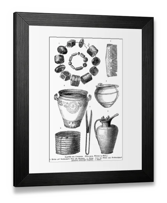 Framed Print : Metal vessels, jewellery and utensils from the Roman period, glass bead necklace (1), comb (2), ornamental ore pots and vases (3-6), scissors (7), history of mankind, Roman Empire, historical illustration 1880