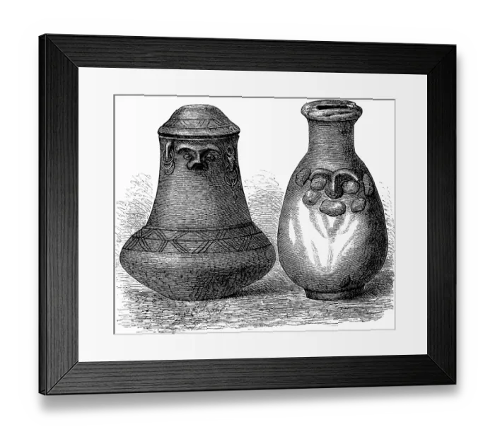 Framed Print : Face urns of unknown provenance, urn with lid (l) probably Pomeranian face urn culture, also Pomoran culture, Iron Age, present-day Poland, second urn (r) probably from the Orient, archaeology, history of mankind, historical illustration 1880 Framed Print : Face urns of unknown provenance, urn with lid (l) probably Pomeranian face urn culture, also Pomoran culture, Iron Age, present-day Poland, second urn (r) probably from the Orient, archaeology, history of mankind, historical illustration 1880