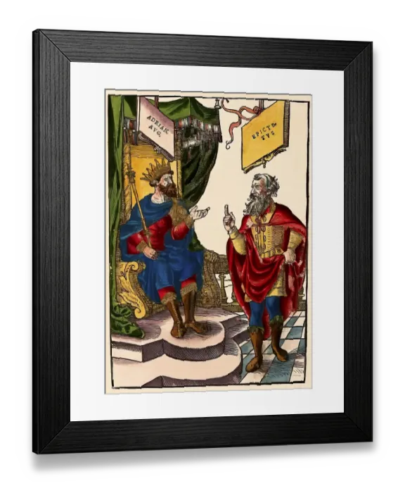 Framed Print : Greek Stoic philosopher Epictetus disputing with Roman emperor Hadrian or Publius Aelius Hadrianus Augustus, digitally edited