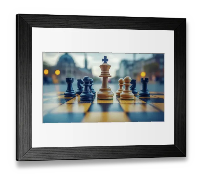 Framed Print : Chess pieces on a board outdoors with a blurred city background at twilight, AI generated