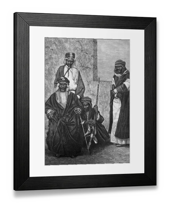 Framed Print : Noble Arabs, traditional floor-length robe, headgear, rifle, travelling in Asia, Arabia, historical illustration 1887