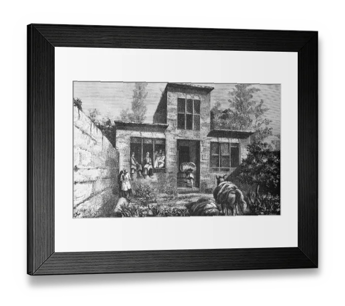 Framed Print : Persian house with garden, plants, wall, people, donkey, loads, carrying luggage, travelling in Asia, Iran, historical illustration 1887, Asia